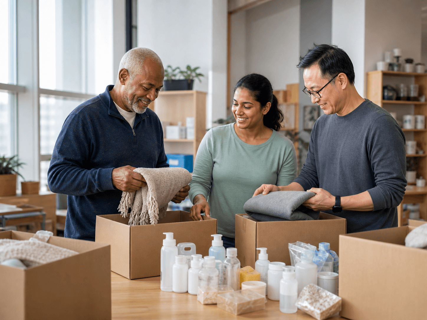 Three volunteers assembling care kits together at a community centre